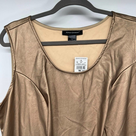 NWT Ashley Stewart Asymetric Metallic Faux Leather Top 18/20 Gold Sleeveless - Picture 3 of 6